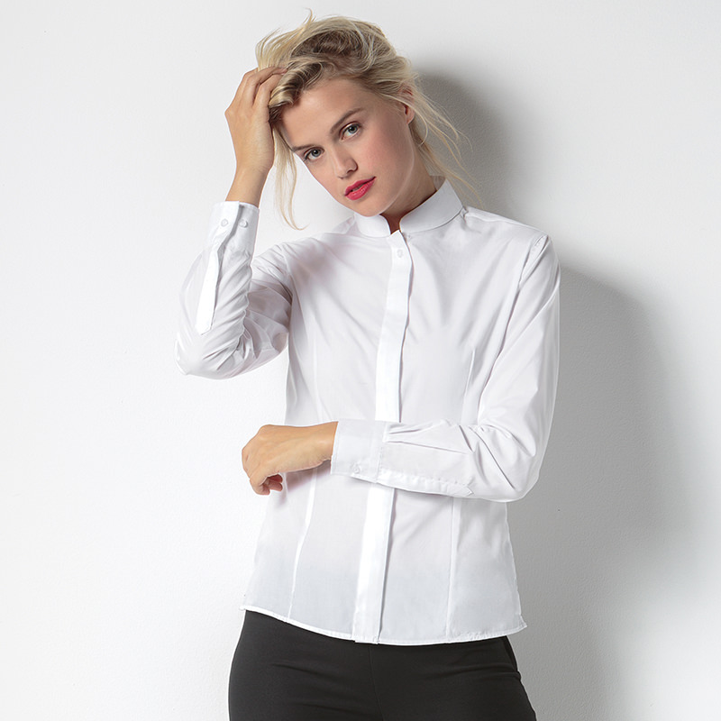Women's Long Sleeve Mandarin Collar Shirt, White, S